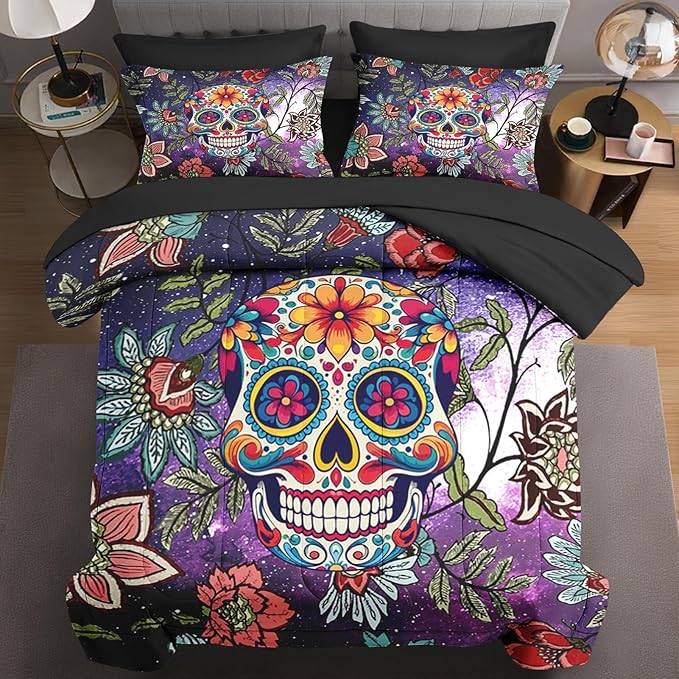 7 Pcs Queen Size Comforter Set with 2 Pillowcases & 2 Shams, Sugar Floral Bedding for Kids and Adults, Galaxy Star Space Bed in a Bag with Flat Fitted Sheet - sugar skull throw blanket