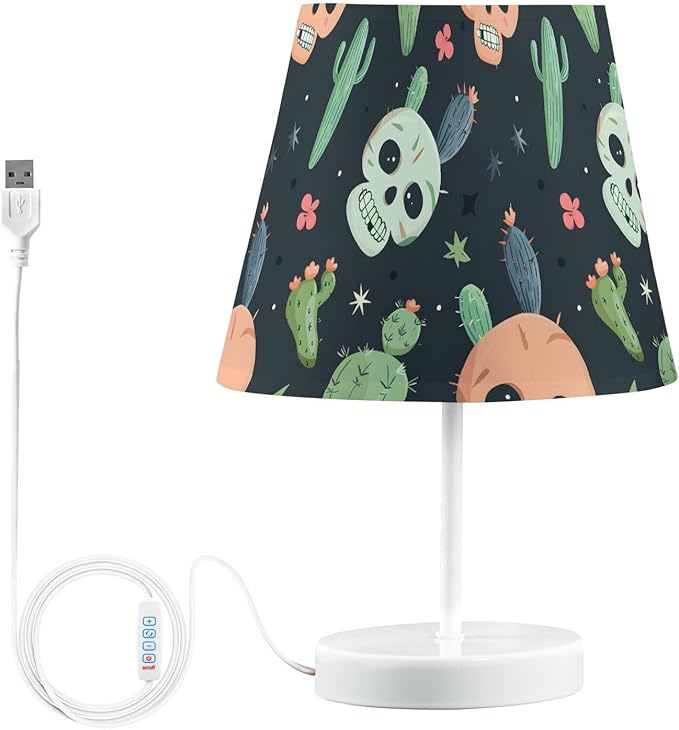 ALAZA Cute Sugar Skull Cactus Decor Bedside Table Lamp with USB Port 3 Color Temperatures LED Desk Lamp for Bedroom Office M - sugar skull table lamp
