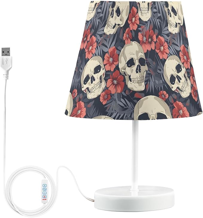 ALAZA Palm Leaf Sugar Skull Blossom Decor Bedside Table Lamp with USB Port 3 Color Temperatures LED Desk Lamp for Bedroom Office M - sugar skull table lamp