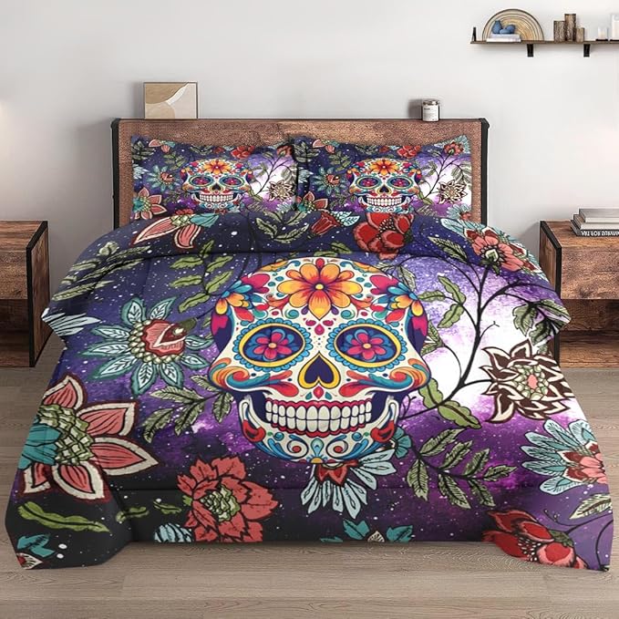 Queen Size Comforter Set with 2 Pillowcases, Sugar Floral 3 Pcs Bedding for Kids and Adults, Galaxy Star Space Soft Comforter Set for Bedroom Bed Decor - sugar skull bedding set