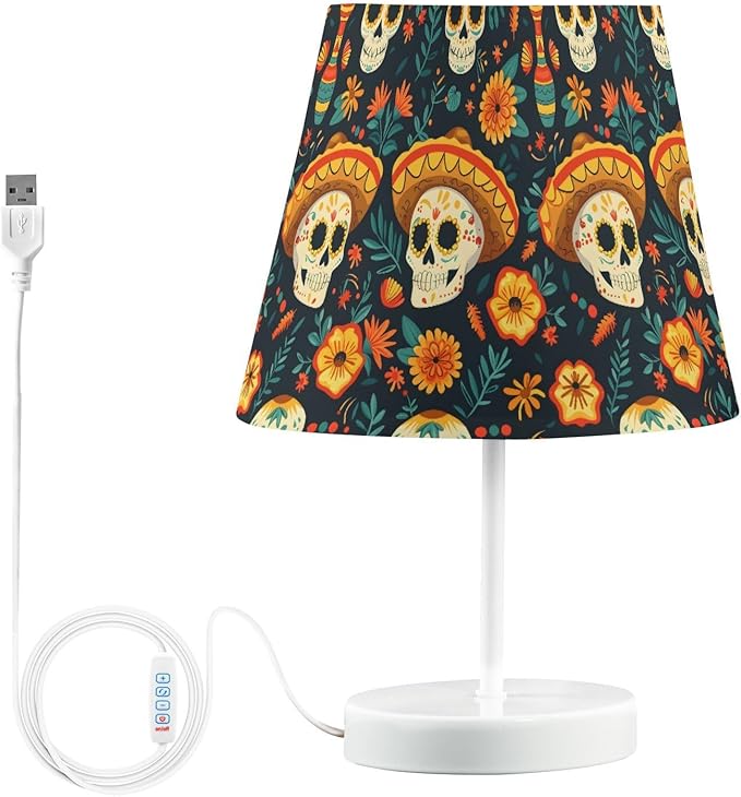 ALAZA Sugar Skull Blossom Dia De Los Muertos Decor Bedside Table Lamp with USB Port 3 Color Temperatures LED Desk Lamp for Bedroom Office M - sugar skull table lamp
