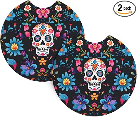 2PCS Mexican Sugar Skulls Flowers Print Car Cup Holder Coasters,Anti Slip Rubber Mat with Finger Notch for Women Men 2.7 inche - sugar skull car floor mats