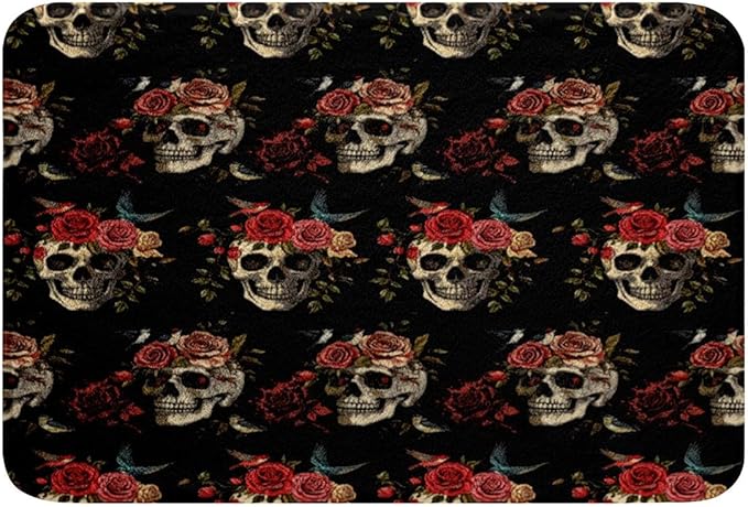 jejeloiu Kids Sugar Skull Bathroom Rugs 16"x24" Rose Skull Floral Bath Mats for Bathroom for Boys Girls Goth Art Bath Rugs for Shower Tub Adult Bathroom Accossories - sugar skull toilet mat set
