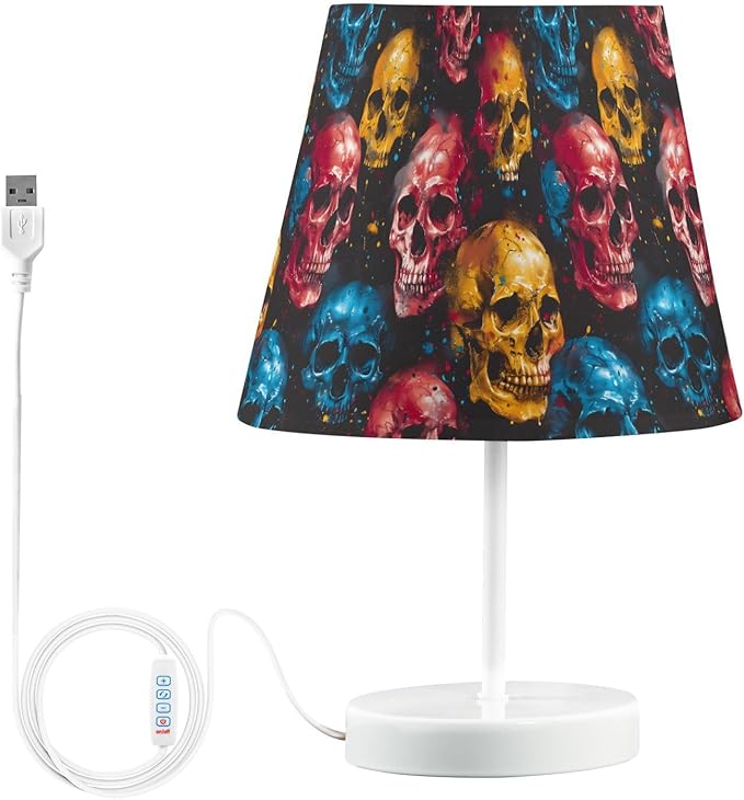 ALAZA Watercolor Sugar Skull Skeleton Decor Bedside Table Lamp with USB Port 3 Color Temperatures LED Desk Lamp for Bedroom Office M - sugar skull table lamp