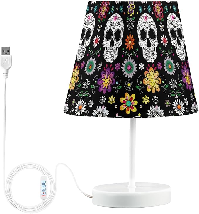 ALAZA Skeleton Flower Blossom Sugar Skull Decor Bedside Table Lamp with USB Port 3 Color Temperatures LED Desk Lamp for Bedroom Office M - sugar skull table lamp