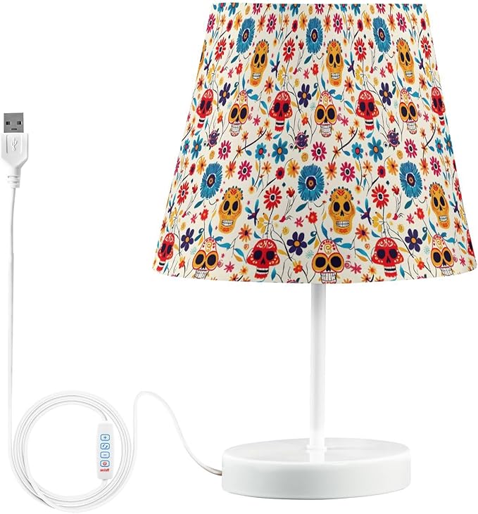 ALAZA Dia De Los Muertos Blossom Sugar Skull Decor Bedside Table Lamp with USB Port 3 Color Temperatures LED Desk Lamp for Bedroom Office M - sugar skull table lamp
