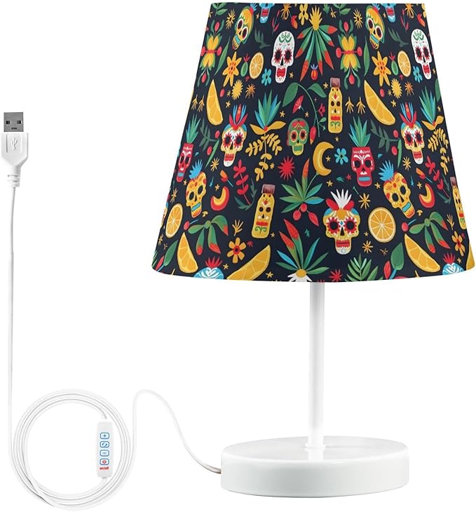 ALAZA Mexican Day Of the Dead Sugar Skull Lemon Decor Bedside Table Lamp with USB Port 3 Color Temperatures LED Desk Lamp for Bedroom Office M - sugar skull table lamp