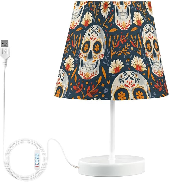 ALAZA Skeleton Flower Floral Sugar Skull Decor Bedside Table Lamp with USB Port 3 Color Temperatures LED Desk Lamp for Bedroom Office S - sugar skull table lamp