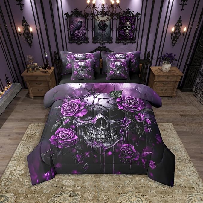 Erosebridal Sugar Skull Full Size Bedding Set for Adults Men Women Room Decor,Purple Valentine Rose Flowers 7-Piece Comforter Set Goth Skull Bed in A Bag Skeleton Bones Floral Sheet Set with Comforter - sugar skull bedding set