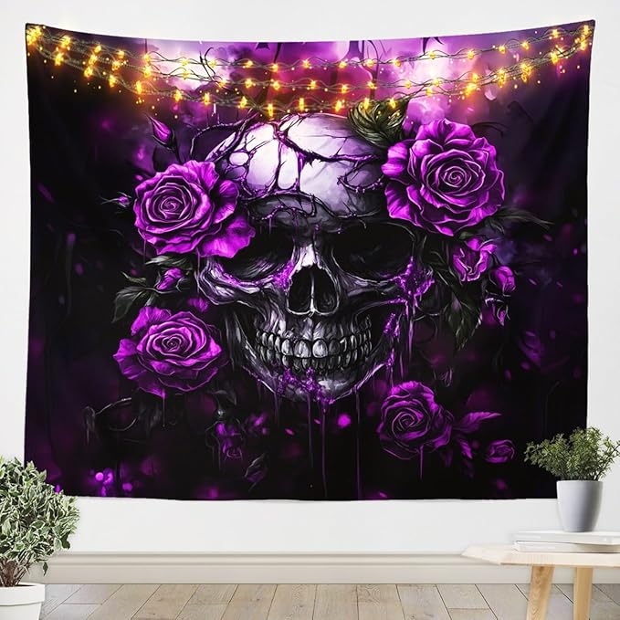 Erosebridal Sugar Skull Large 59X82 Tapestry For Kids Adults Room Decor,Purple Rose Flowers Tapestries Goth Skull Tapestry Wall Hanging Skeleton Bones Floral Wall Art Decor For Bedroom - sugar skull throw blanket