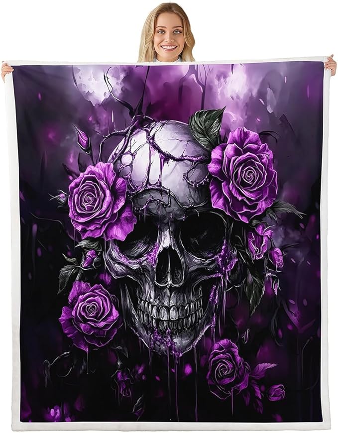 Erosebridal Sugar Skull Twin 60"X80" Throw Blankets for Kids Adults Bed Sofa,Purple Rose Flowers Fleece Blanket Goth Skull Sherpa Blankets Skeleton Bones Floral Flannel Blanket - sugar skull throw blanket