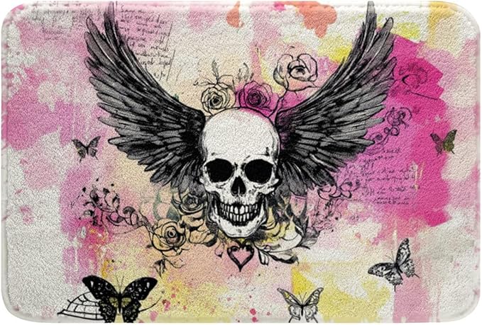 Sugar Skull Doormats Floor Mats,Tie-Dye Painted Bathroom Rugs Gothic Butterfly Bath Mat 20"X 32",Goth Skeleton Stone Non Slip Bath Rug Yellow Pink Painting Entryway Rug for Kids Boys Living Room - sugar skull floor mat