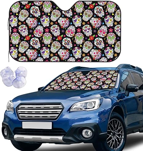 Sugar Skull Front Windshield Sun Shade Accordion Folding Auto Sunshade for Car Truck SUV-Blocks UV Rays Sun Visor Protector - sugar skull car sunshade for windshield