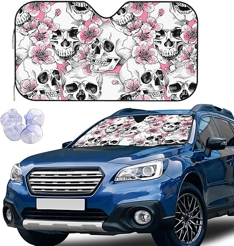Skull and Flowers Car Windshield Sun Shade - Blocks UV Rays for Car Truck SUV - sugar skull car sunshade for windshield