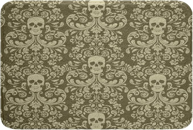 Erosebridal Damask Gothic Rug Adults Antique Victorian Bathroom Rugs 20"x32",Green Beige Sugar Skull Door Mat Vintage Flowers Goth Bath Rug Non Slip,Exotic Bone Skeleton Bohemian Baroque Decor - sugar skull toilet mat set