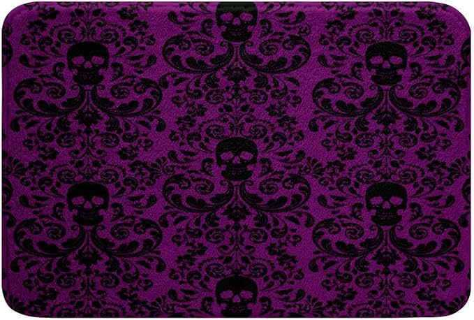 Erosebridal Damask Gothic Area Rug Adults Antique Victorian Bath Mat 16"x24",Magenta Black Sugar Skull Kitchen Rugs Vintage Baroque Floral Goth Floor Rug,Exotic Bone Skeleton Bohemian Decor - sugar skull floor mat