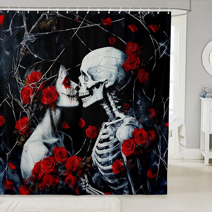 Feelyou Skull Shower Curtain Kissing Lovers Skeleton Fabric Shower Curtain for Kids Boys Girls Sugar Skull Bathroom Waterproof Accessories with 12 Hooks Red Rose Floral Curtains,72x72 Inches - sugar skull shower curtain set