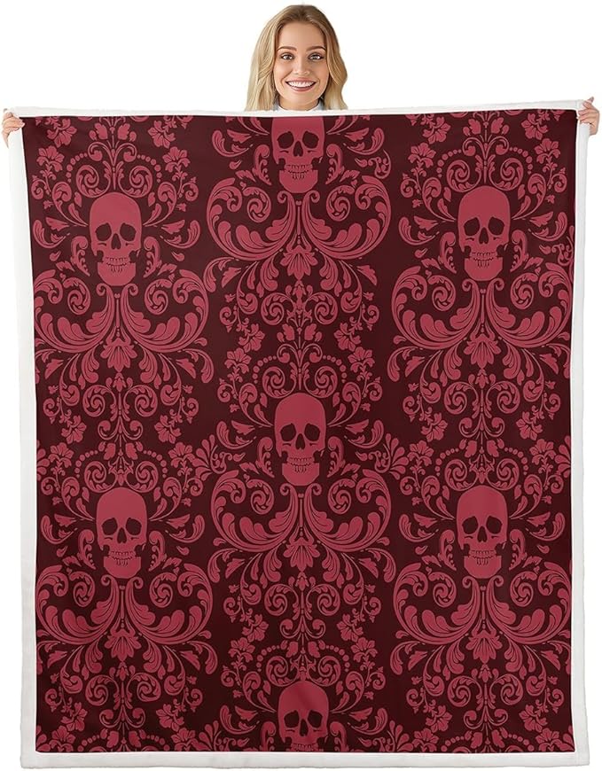 Erosebridal Damask Gothic Throw Blanket Adults Antique Victorian Blanket 40"x50",Carmine Sugar Skull Fleece Blanket Vintage Baroque Floral Goth Bed Blanket,Exotic Bone Skeleton Bohemian Decor - sugar skull throw blanket