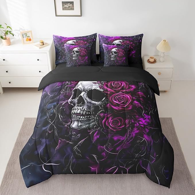 Feelyou Sugar Skull Comforter Set with Sheets Purple Blue Rose 7 Piece Bedding Set Twin Size for Kids Gothic Skull Bed in a Bag Scary Bed Set - sugar skull bedding set