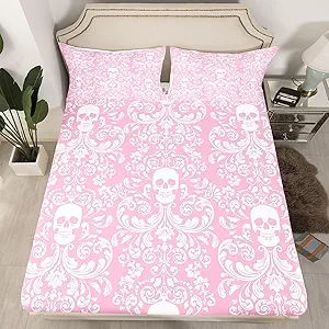 Damask Gothic Bed Sheets Adults Antique Victorian Fitted Sheet,Pink White Sugar Skull Sheets Queen Size Bed Set Vintage Baroque Floral Goth Bedding Set,Exotic Bone Skeleton Bohemian Decor - sugar skull bedding set