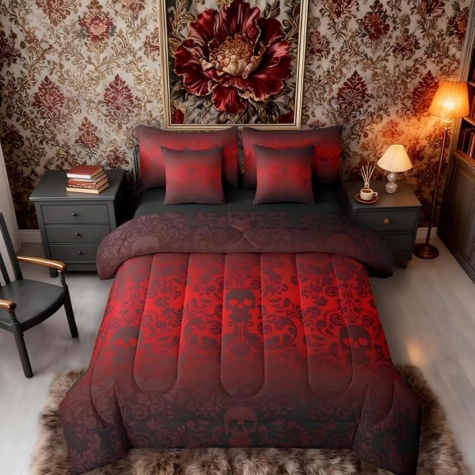 Damask Gothic Bedding Set Adults Antique Victorian Bed in a Bag Queen Comforter Set 7 Piece,Red and Black Sugar Skull Sheet Set Vintage Floral Goth Bed Set,Exotic Bone Skeleton Bohemian Decor - sugar skull bedding set