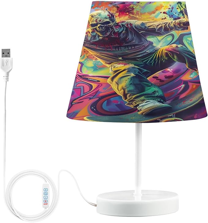 ALAZA Sugar Skull Playing Skateboard Decor Bedside Table Lamp with USB Port 3 Color Temperatures LED Desk Lamp for Bedroom Office M - sugar skull table lamp