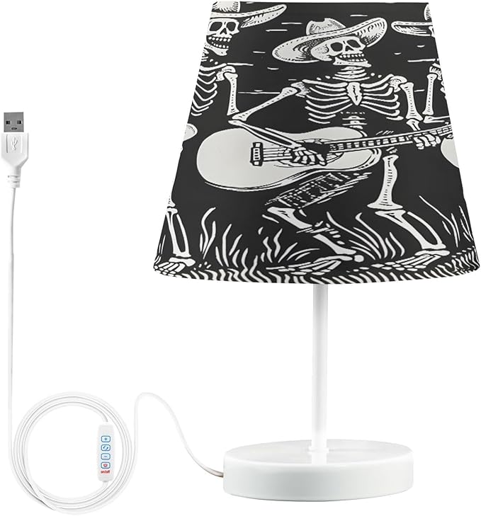 ALAZA Black White Skeleton Sugar Skull Guitar Decor Bedside Table Lamp with USB Port 3 Color Temperatures LED Desk Lamp for Bedroom Office M - sugar skull table lamp
