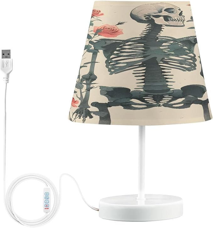 ALAZA Skeleton Sugar Skull Blossom Roses Decor Bedside Table Lamp with USB Port 3 Color Temperatures LED Desk Lamp for Bedroom Office M - sugar skull table lamp