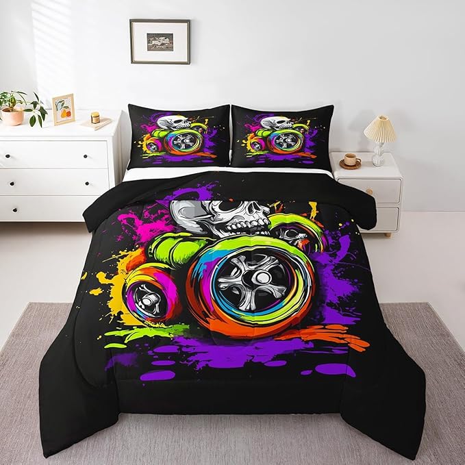 Erosebridal Sugar Skull Bedding Set Kids Tie-Dye Colored Comforter Set for Boys Teens Wheel Bedroom Decor Toddler Comforter Gothic Decor Down Comforter,Black - sugar skull bedding set