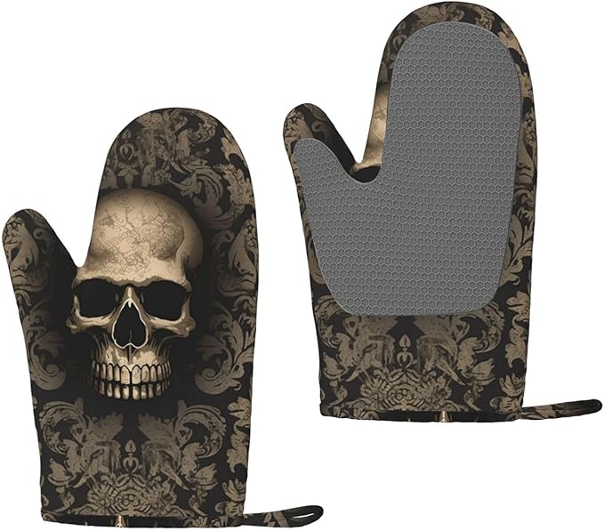 2 Pcs Oven Mitts for Kitchen Gothic Wallpaper Skull Long Silicone Oven Mitts Heat Resistant 500f Kitchen Oven Gloves Waterproof Non-Slip Grilling Gloves for Cooking Baking BBQ Gloves - sugar skull oven mitts