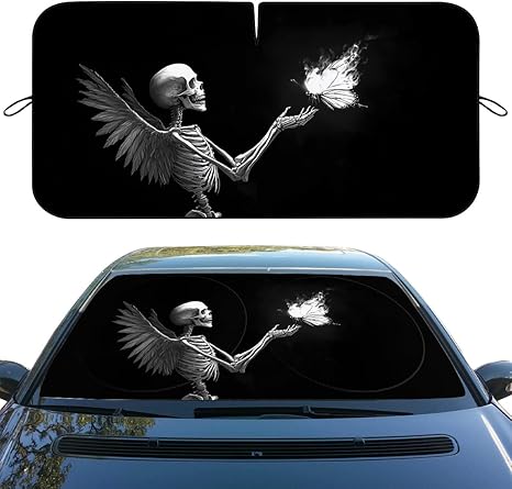 Skull Car Windshield Sun Shade, Black, Universal Fit, 59" L x 31.5" W, Blocks UV Rays, Sun Visor Protector for Car, Sedan, Truck, SUV Accessories - sugar skull car sunshade for windshield