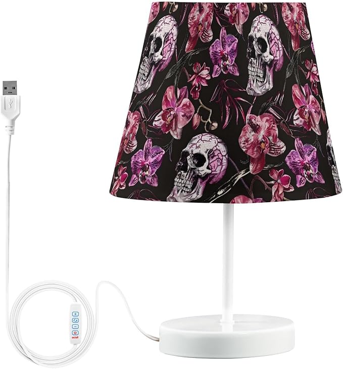 ALAZA Flower Sugar Skull Blossom Skeleton Decor Bedside Table Lamp with USB Port 3 Color Temperatures LED Desk Lamp for Bedroom Office M - sugar skull table lamp