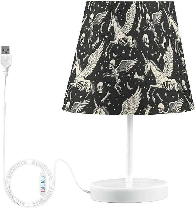 ALAZA Skeleton Pegasus Sugar Skull Bones Decor Bedside Table Lamp with USB Port 3 Color Temperatures LED Desk Lamp for Bedroom Office S - sugar skull table lamp