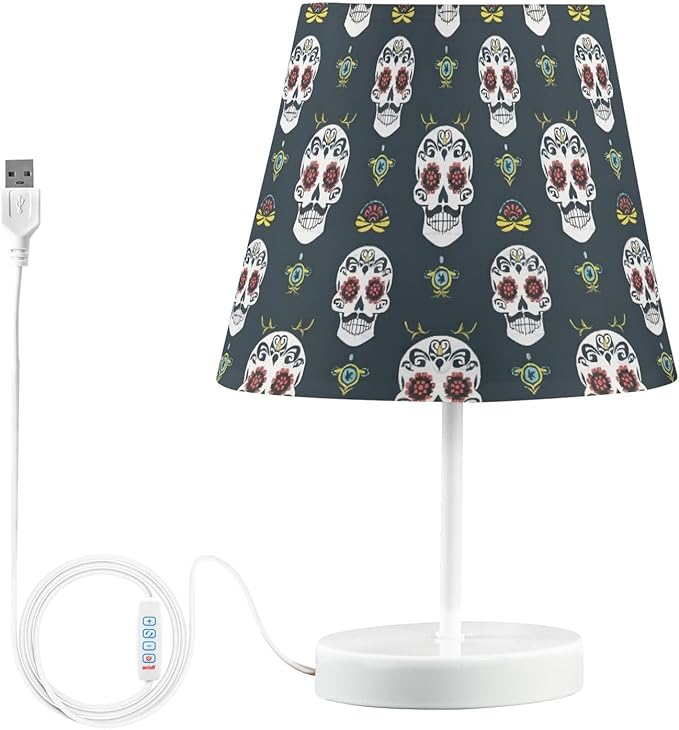 ALAZA Funny Day of the Dead Sugar Skull Decor Bedside Table Lamp with USB Port 3 Color Temperatures LED Desk Lamp for Bedroom Office M - sugar skull table lamp