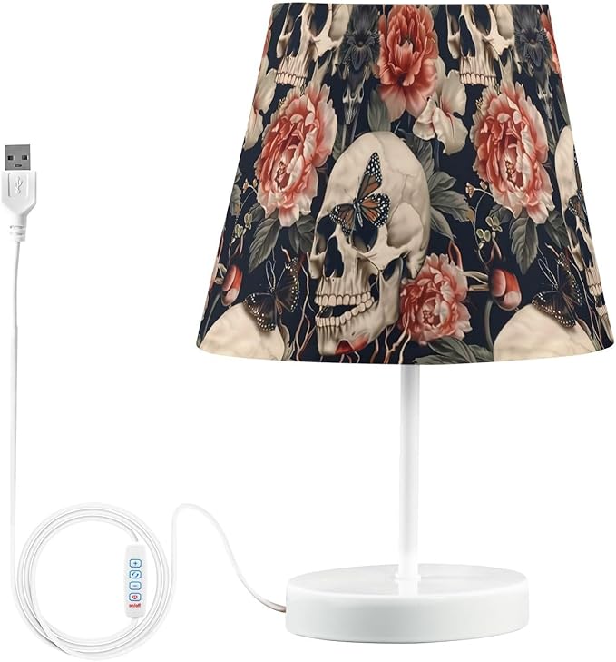 ALAZA Sugar Skull Peony Flower Butterfly Decor Bedside Table Lamp with USB Port 3 Color Temperatures LED Desk Lamp for Bedroom Office M - sugar skull table lamp