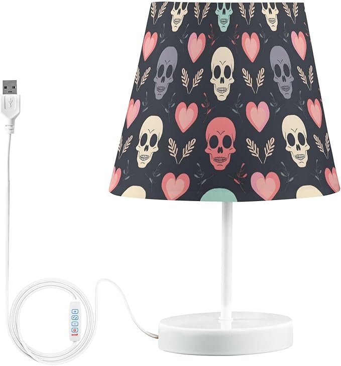 ALAZA Cute Sugar Skull Head Leaf Decor Bedside Table Lamp with USB Port 3 Color Temperatures LED Desk Lamp for Bedroom Office M - sugar skull table lamp