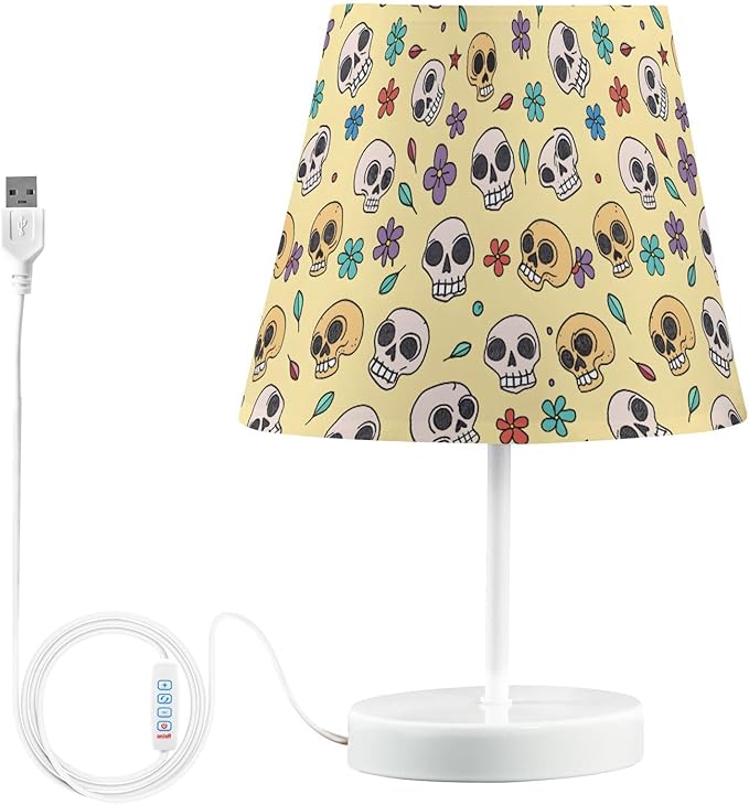 ALAZA Cute Sugar Skull Flower Yellow Decor Bedside Table Lamp with USB Port 3 Color Temperatures LED Desk Lamp for Bedroom Office M - sugar skull table lamp