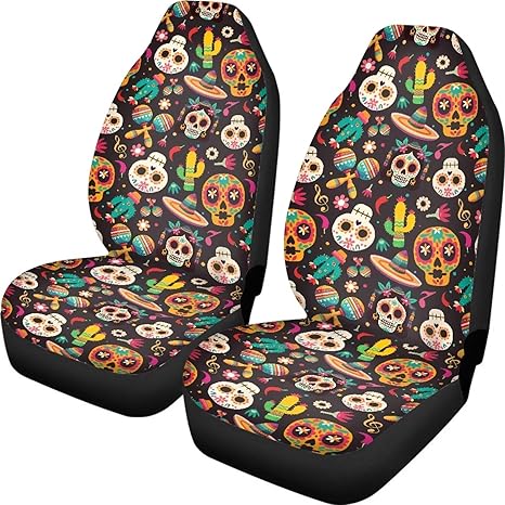 Sugar Skull Botanical 2pcs Car Seat Covers, Ditsy Flower Skulls Music Note Car Interior Covers, Mexican Day of Dead Durable Front Seat Protector Fit for Most Cars - sugar skull car pet seat cover