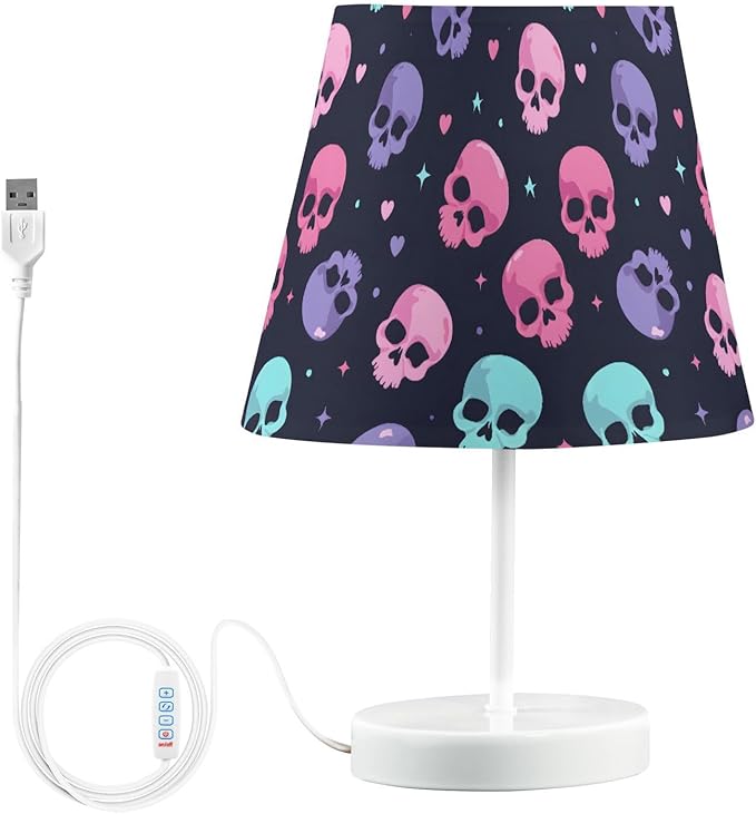 ALAZA Cute Sugar Skull Star Heart Decor Bedside Table Lamp with USB Port 3 Color Temperatures LED Desk Lamp for Bedroom Office S - sugar skull table lamp