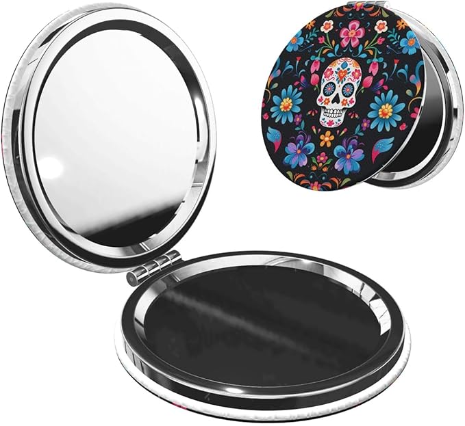 Mexican Sugar Skulls Flowers Print Foldable Travel Pocket Mirror Round PU Leather Portable Mini Makeup Double Sided Handheld Magnifying,2.6 in - sugar skull makeup kit