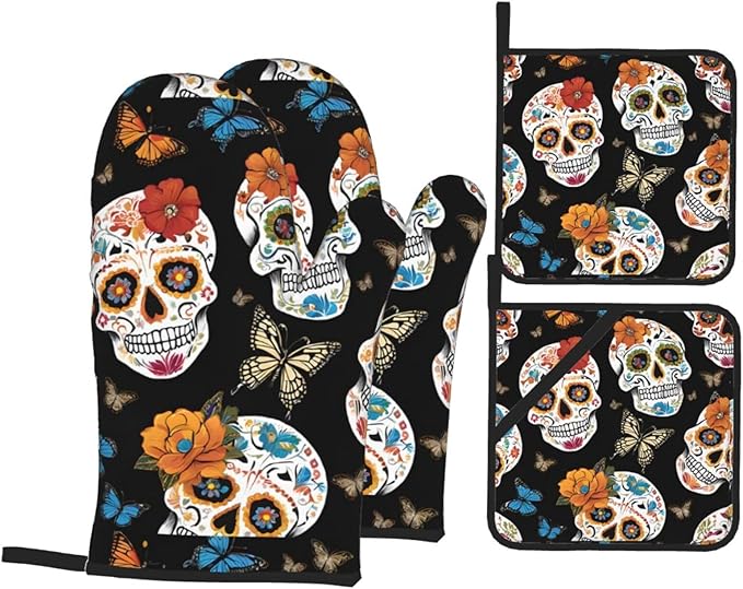 Sugar Skulls Oven Mitts and Pot Holders Set of 4 Heat Resistant Waterproof Non-Slip Hot Pads BBQ Gloves for Cooking Grilling Apartment Home Kitchen Essentials & Accessories Gifts - sugar skull oven mitts