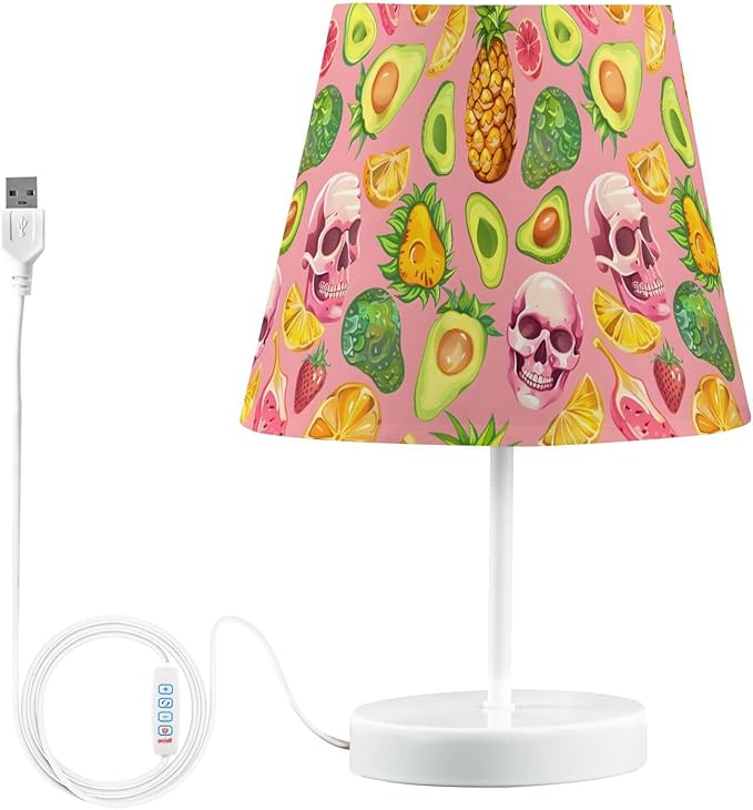 ALAZA Sugar Skull Pineapple Avocado Decor Bedside Table Lamp with USB Port 3 Color Temperatures LED Desk Lamp for Bedroom Office M - sugar skull table lamp