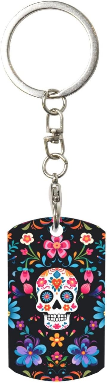 Metal Keychain for Car Motorcycle Rectangular Holder for Women Men,2 inche - sugar skull plates set