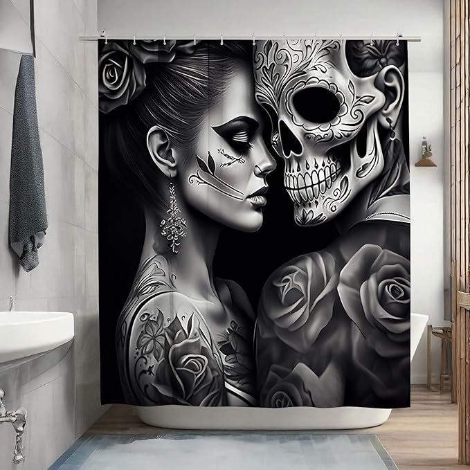 Fantasy Mexican Skull Shower Curtain, Couple Sugar Skull Shower Curtain,Beauty Waterproof Bathroom Shower Curtains for Bathroom,Polyester Shower Curtain with 12 Hooks 72x72 Inches - sugar skull shower curtain set