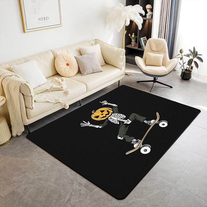 Feelyou Funny Sugar Skull Area Rug 5x7 Kids Pumpkin Lantern Skateboard Living Room Rugs for Bedroom for Boys Girls Teens Halloween Themed Decorative Carpet Rug Non-Slip Skeleton Indoor Floor Mat - sugar skull area rug
