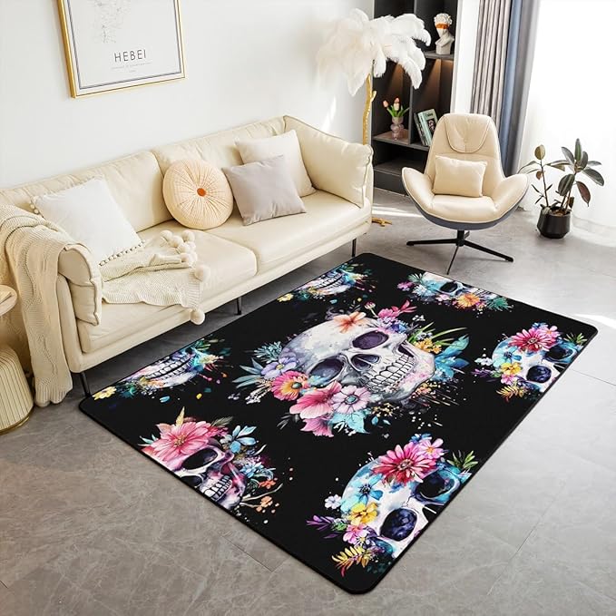 Feelyou Sugar Skull Area Rug 3x5 Kids Gothic Skull Floral Living Room Rugs for Bedroom for Boys Girls Teens Boho Skeleton Decorative Carpet Rug Non-Slip Bones Indoor Floor Mat - sugar skull area rug