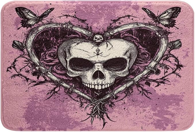Feelyou Pink Sugar Skull Doormats Floor Mat 20"x32" Gothic Skull Heart Bath Mats for Bathroom for Boys Girls Teens Boho Skeleton Bath Rugs for Shower Tub Non-Slip Bones Bathroom Accossories Butterfly - sugar skull floor mat