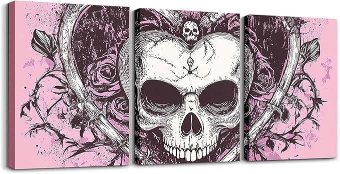 Feelyou Pink Sugar Skull 3 Piece Canvas Wall Art 12"x16"x3pcs Kids Gothic Skull Heart Picture Boys Girls Teens Boho Skeleton Bathroom Wall Art Bones Officeations Artwork Posters Butterfly - sugar skull poster print