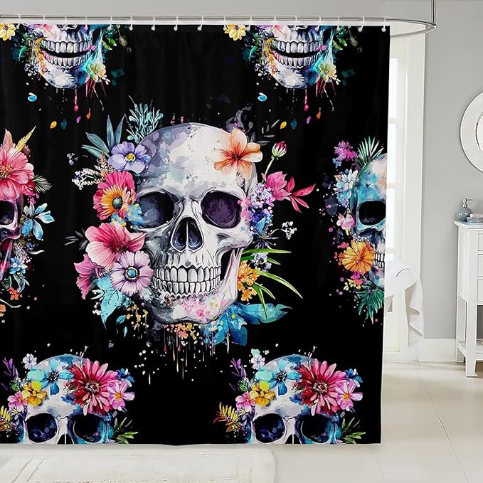 Feelyou Sugar Skull Shower Curtain 72"x78" Gothic Skull Floral Bath Curtain for Boys Girls Teens Boho Skeleton Bathroom Shower Curtain Set Waterproof Bones Kids Bathroom Accessories - sugar skull shower curtain set
