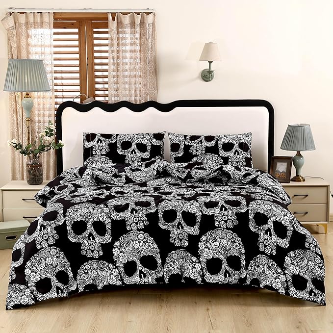 SDIII 3PCS Sugar Skull Comforter Set Queen, Soft Microfiber Lightweight Skull Comforter Queen, Goth Bedding Set for Kids Teens and Skeleton Lovers - sugar skull throw blanket